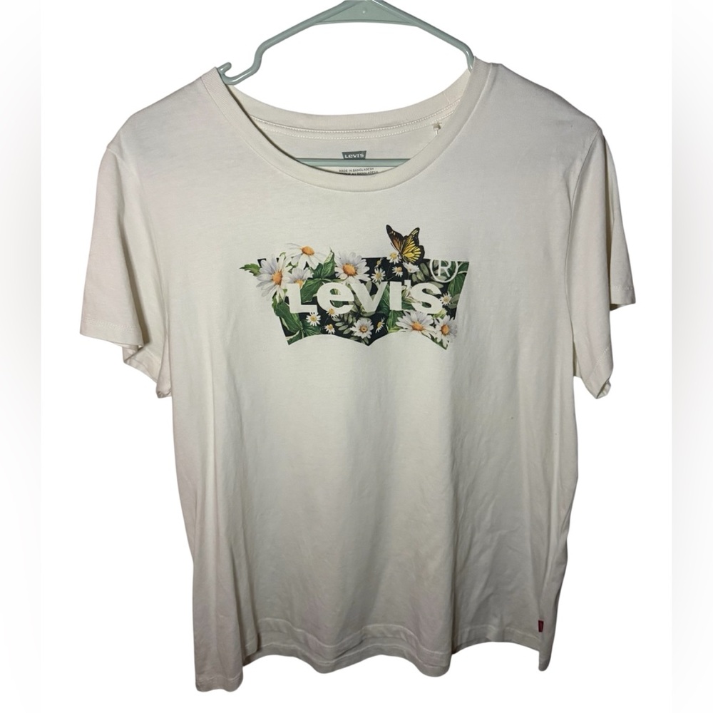 Levi's Ivory T-Shirt with Graphic Floral Logo Print Size XL Short Sleeve